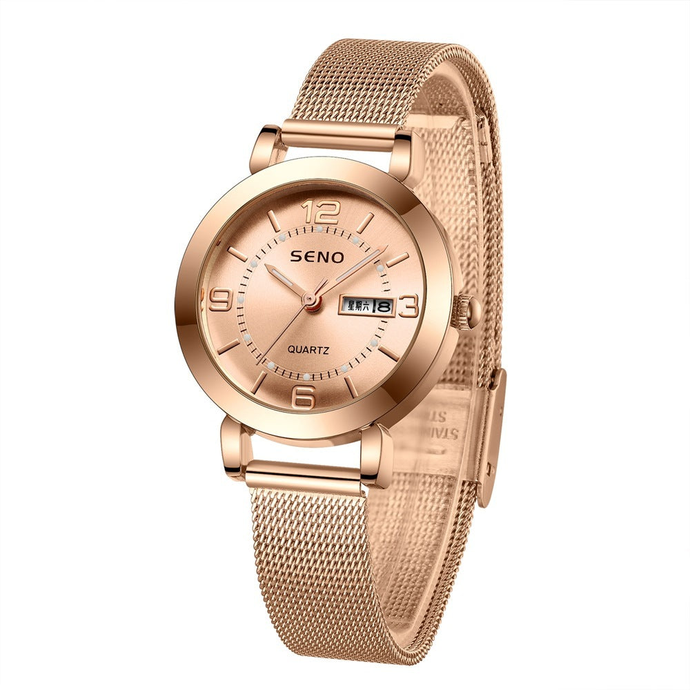 Night Light Waterproof Dual Calendar Women's Alloy Quartz Watch