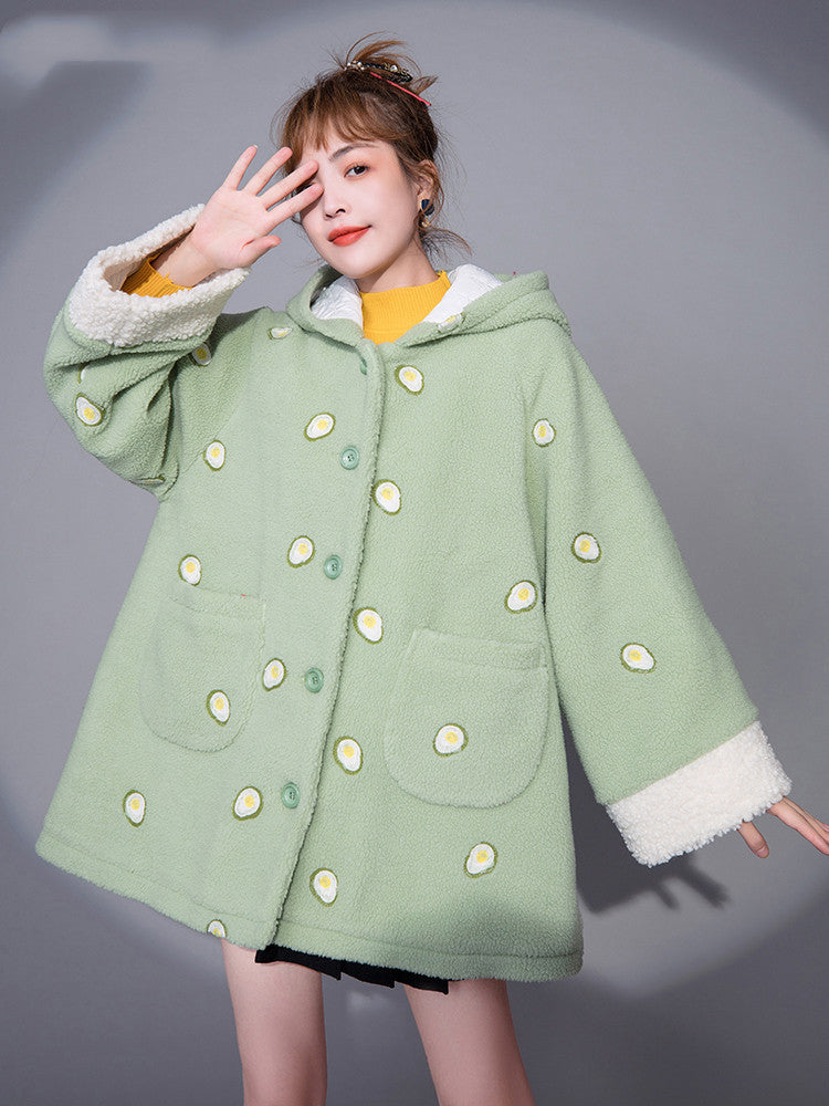 Printed cartoon hooded lamb wool coat