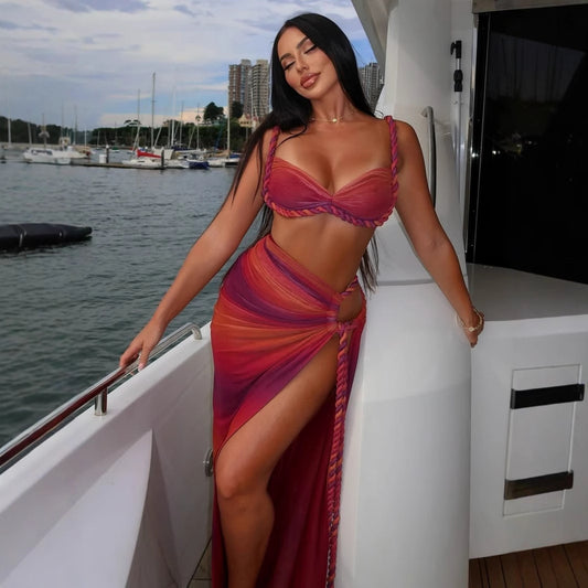 Sexy Fashion Beach Swimsuit Woven Halter Top Top Split Skirt Suit
