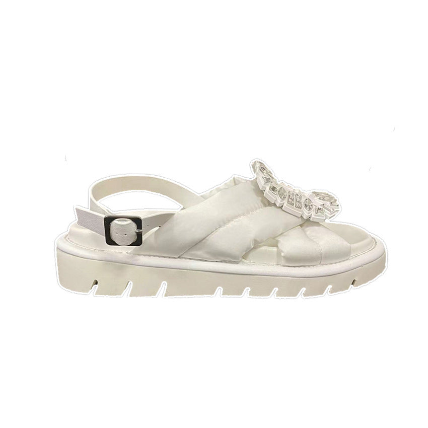 Women's Fashion Casual Rhinestone Square Buckle Flat Sandals