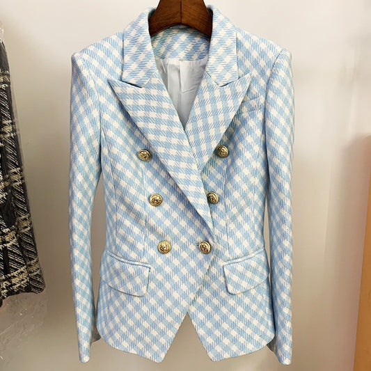 Fashionable Women's Double Breasted Braided Check Suit
