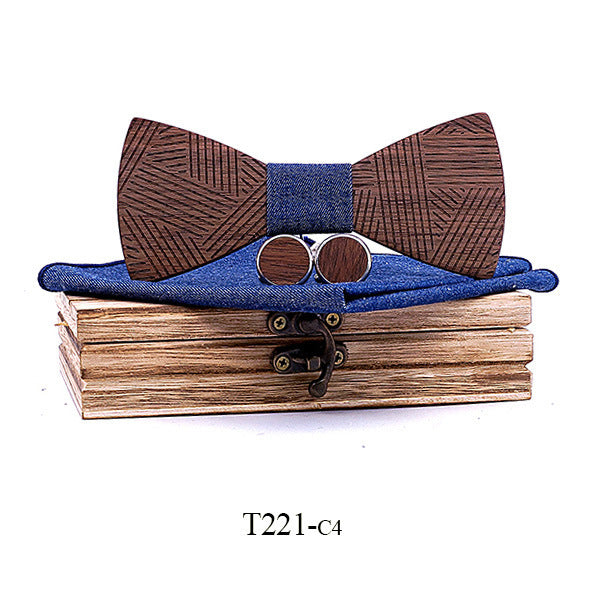 Black Walnut Line Carved Wooden Bow Tie