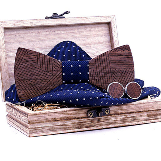 Black Walnut Line Carved Wooden Bow Tie
