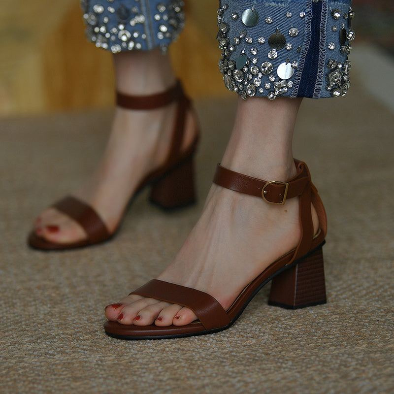 Fashion Brown Retro Thick Heel Sandals Women