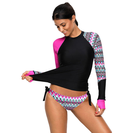 High Neck Long Sleeve Printed Swimsuit