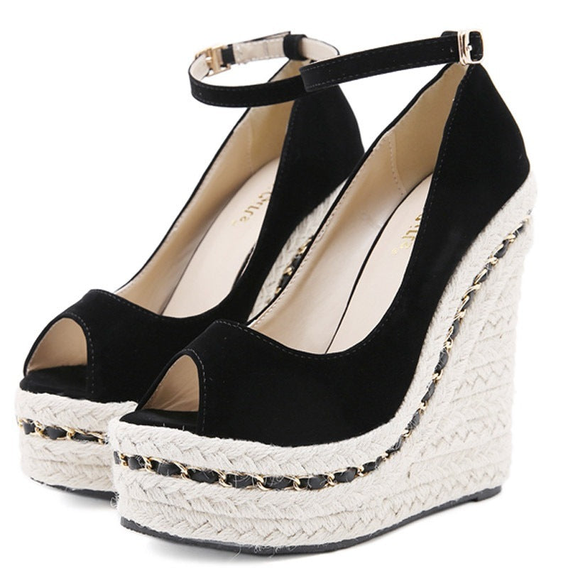 European And American Style Sandals Fish Mouth High-heel Belt Shoes Wedge Suede