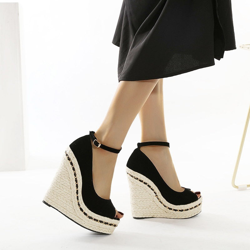 European And American Style Sandals Fish Mouth High-heel Belt Shoes Wedge Suede