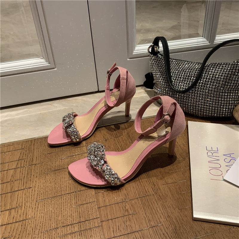 Fashion One Line Buckle Diamond Fairy Women'S Shoes High Heel Thin Heel Women'S Sandals