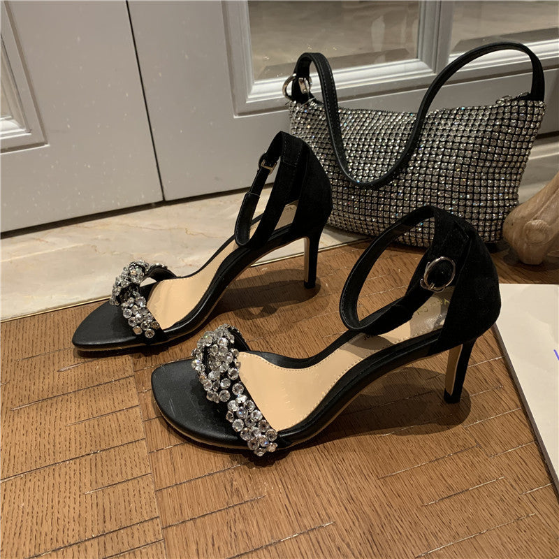 Fashion One Line Buckle Diamond Fairy Women'S Shoes High Heel Thin Heel Women'S Sandals