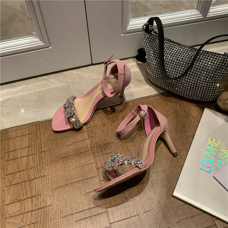 Fashion One Line Buckle Diamond Fairy Women'S Shoes High Heel Thin Heel Women'S Sandals