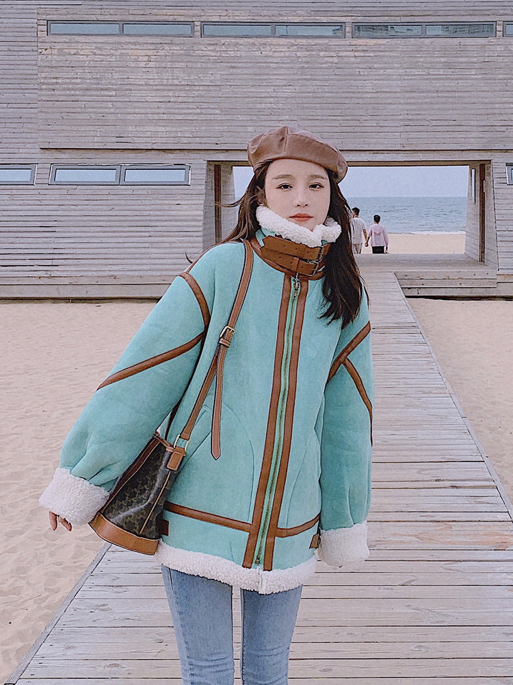 Women's Fashion Contrast Color Lamb Wool Coat