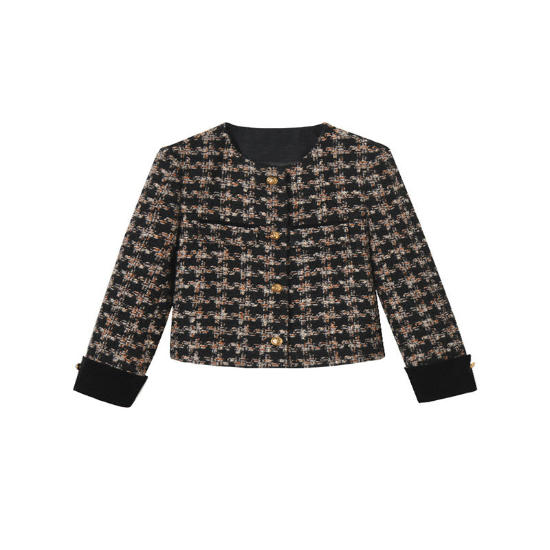 Classic Retro Velvet Stitching Small Kafuu Plaid Tweed Short Coat Top 15381