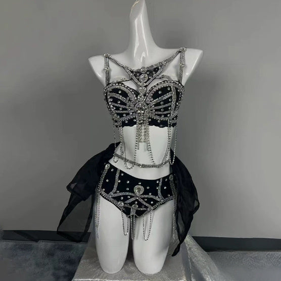 Smokey Blue Shining Chain Vacation Style Bikini Suit