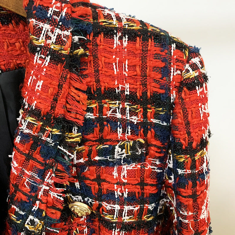Double-Breasted Tweed Plaid Woolen Fringed Collar Blazer Jacket