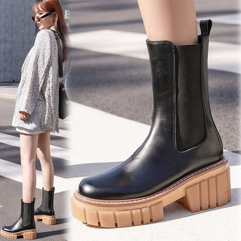 Round Toe High Heeled Leather Platform Retro Martin Ankle Boots