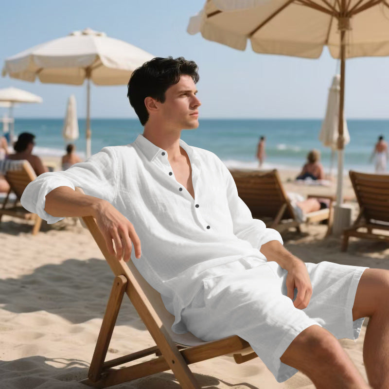 Long Sleeve Shirt Casual Shorts Beach Suit