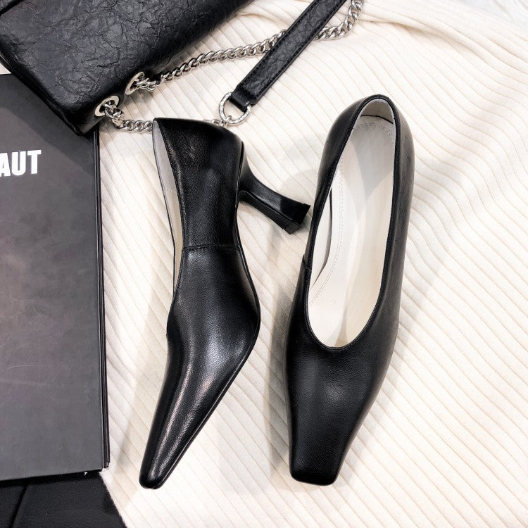 V Mouth Leather White Temperament Square Toe High Heels