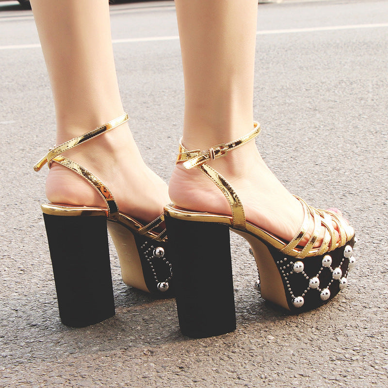 European And American Round Toe High Heels With Rivet Buckle Strap