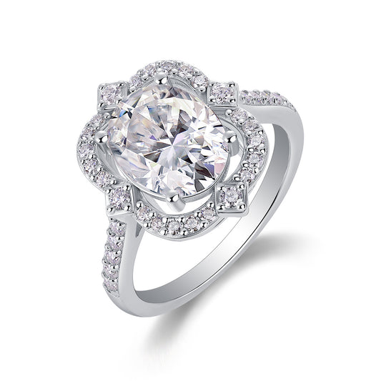 Camellia - Set With Top-quality Egg-shaped Moissanite S925 Silver And Platinum-plated Diamond Wedding Ring. The Ring Can Be Inspected With A Diamond Pen