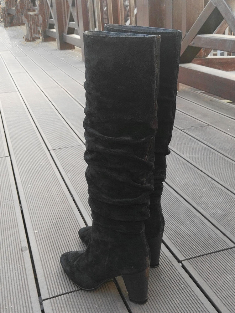 European And American Round Toe Pleated Thick Heel Mid-tube Fashion Boots