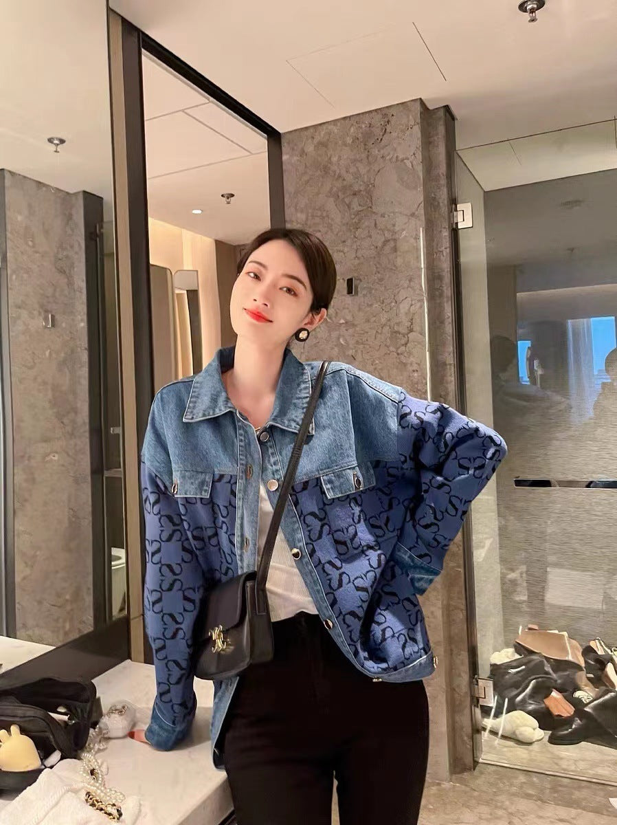 Vintage Jacquard Denim Stitching Knitted Shirt All-match Women's Jacket
