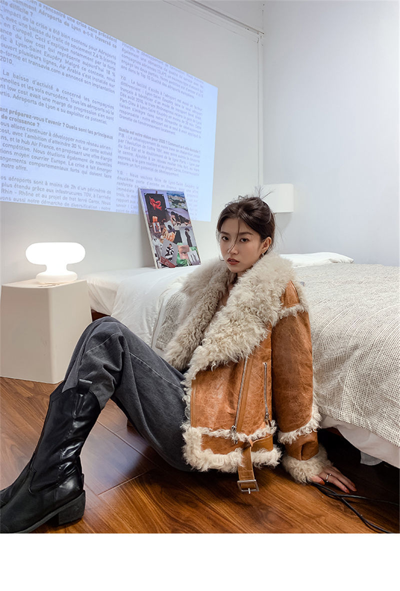 Women's Faux Leather Lamb Roll Fur Coat