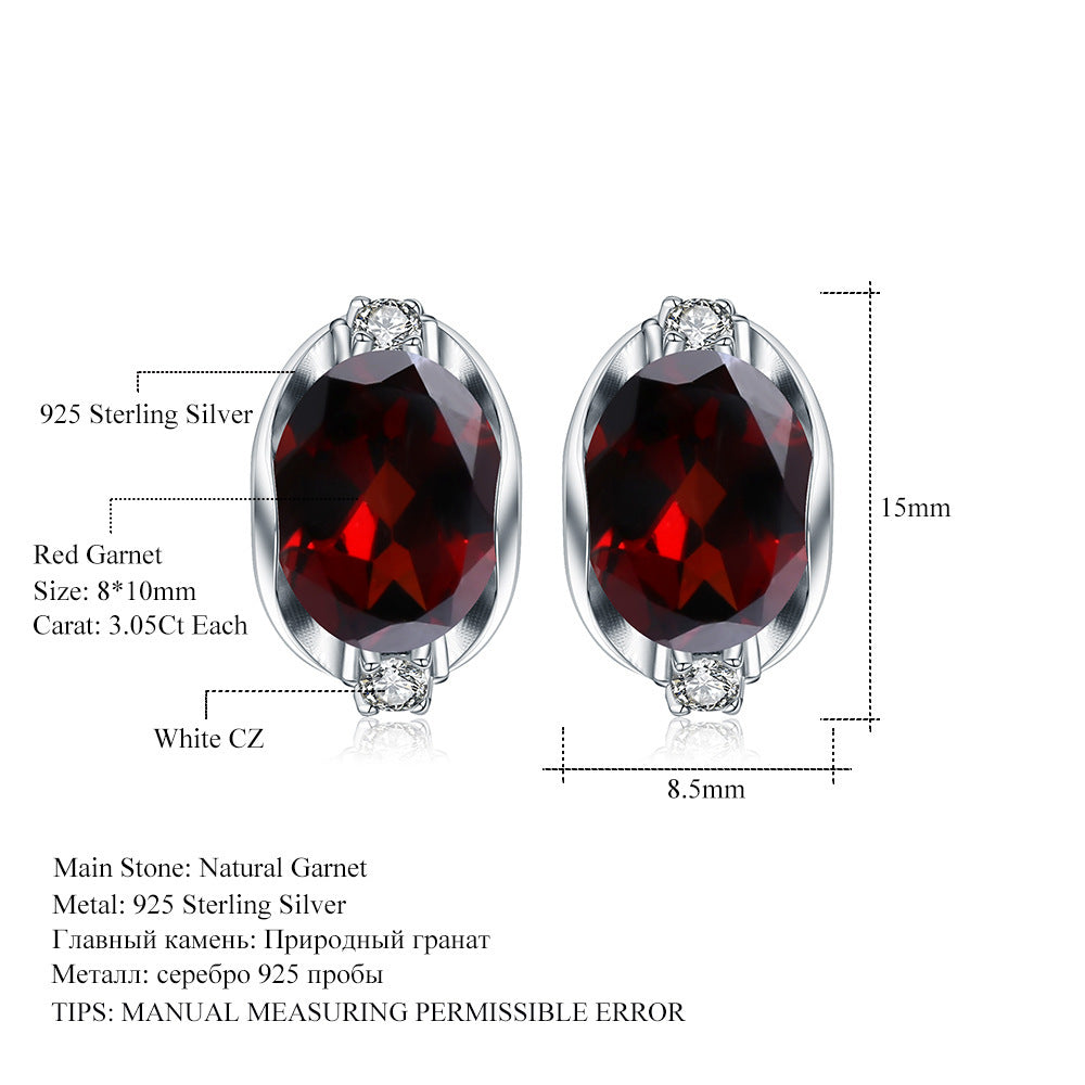 Natural Garnet Stud Earrings S925 Silver Inlaid