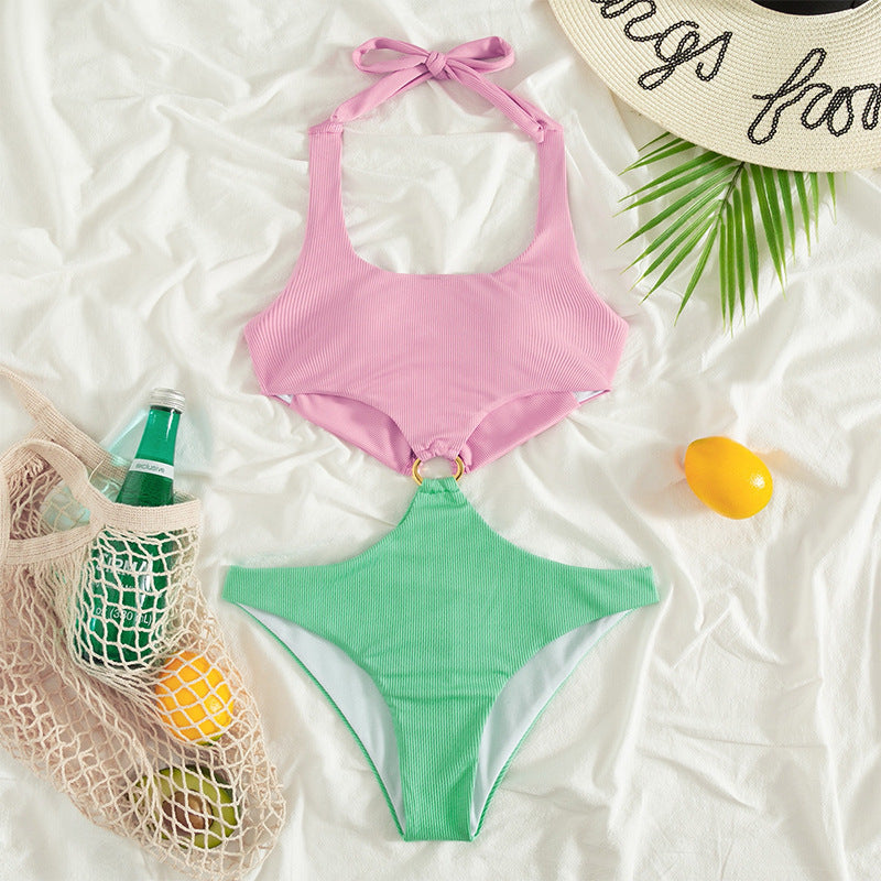 New One Piece Swimsuit U Neck Low Waist Bikini Ring Decoration