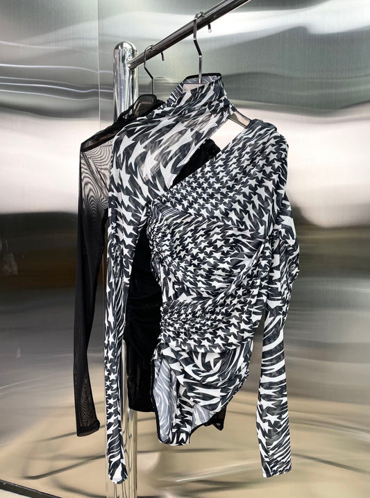 Irregular Turtleneck Mesh Hollow Printed One-shoulder Top