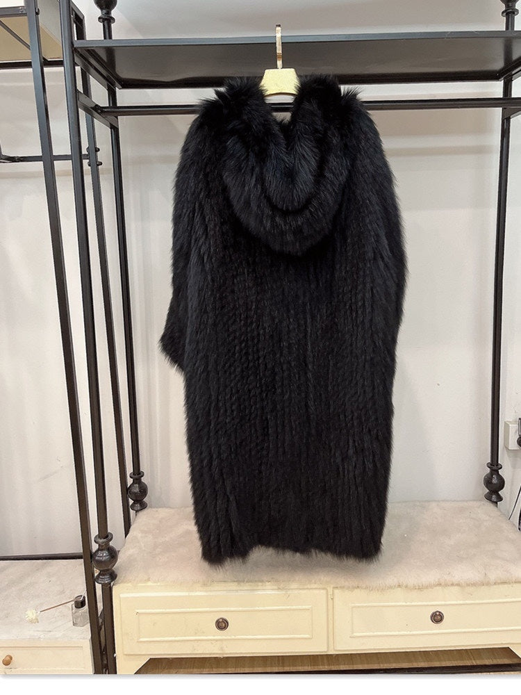 Gray Braided Fox Fur Hooded Loose Over The Knee Fur Coat