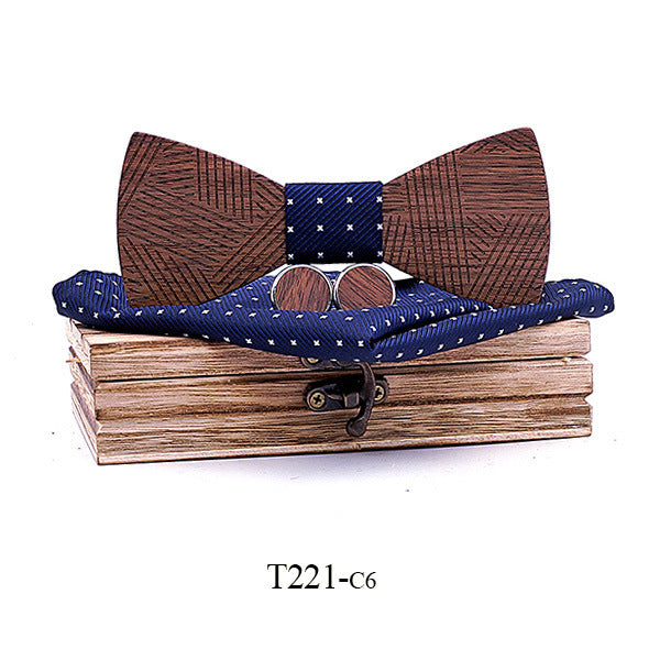 Black Walnut Line Carved Wooden Bow Tie