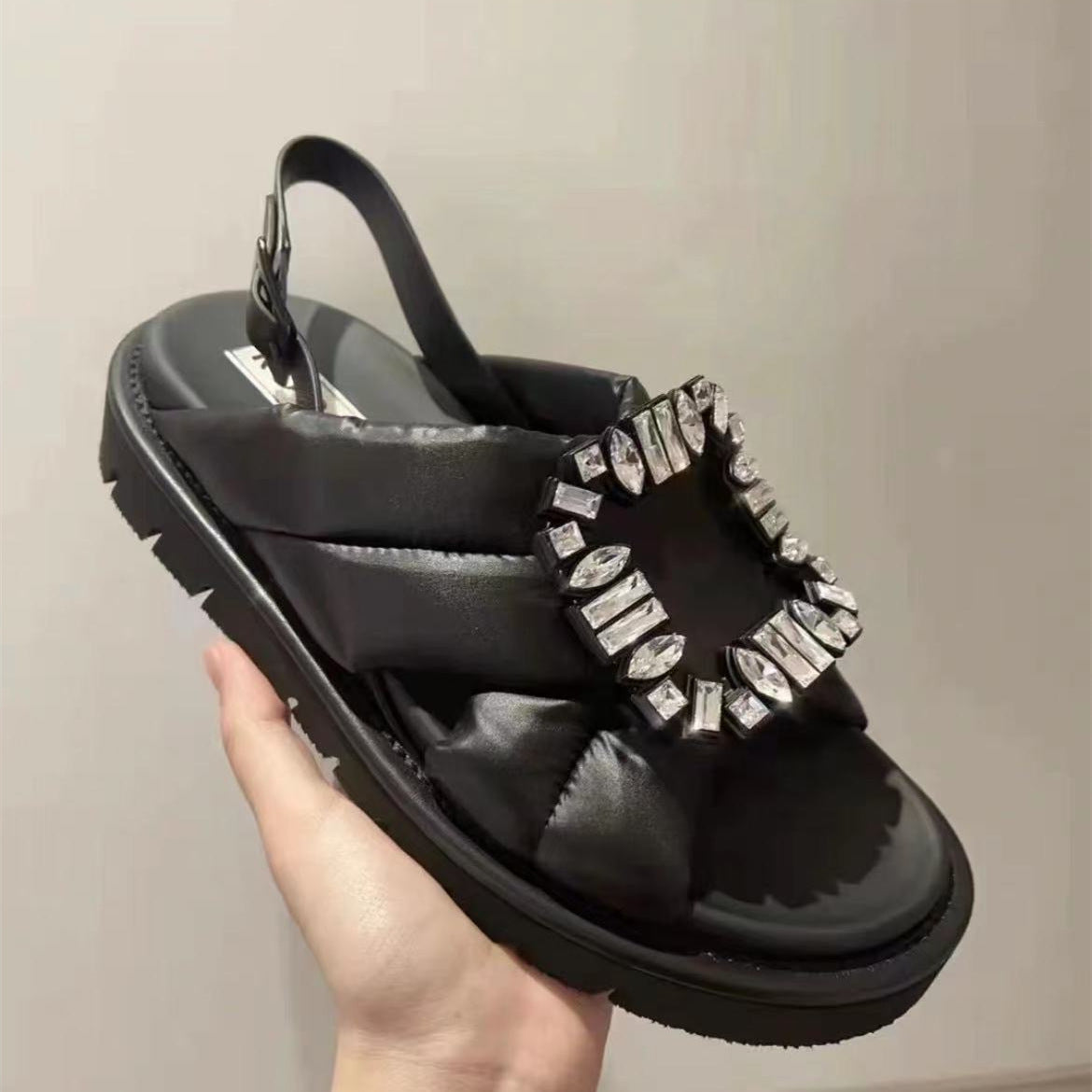 Women's Fashion Casual Rhinestone Square Buckle Flat Sandals