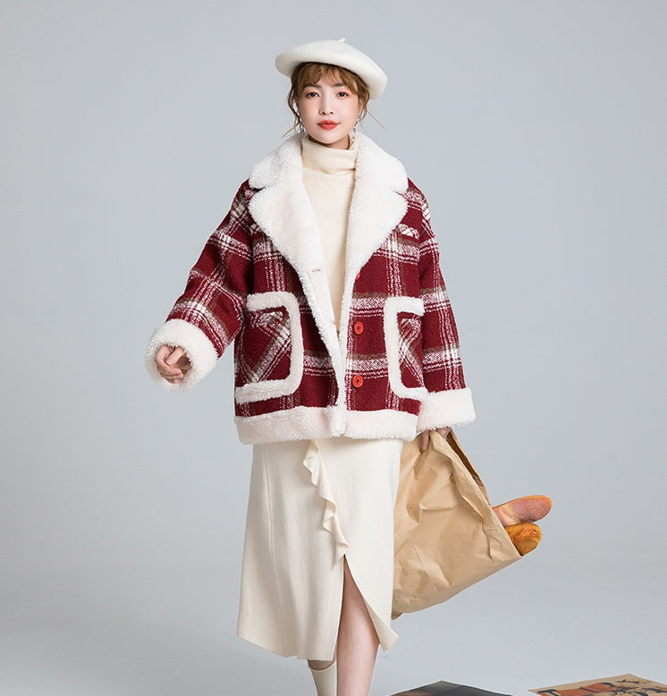 Plaid woolen jacket with suit collar