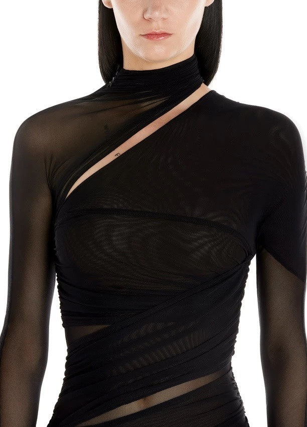 Irregular Turtleneck Mesh Hollow Printed One-shoulder Top
