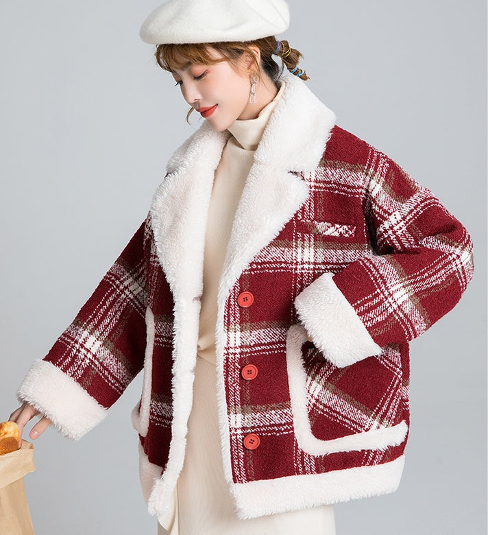 Plaid woolen jacket with suit collar