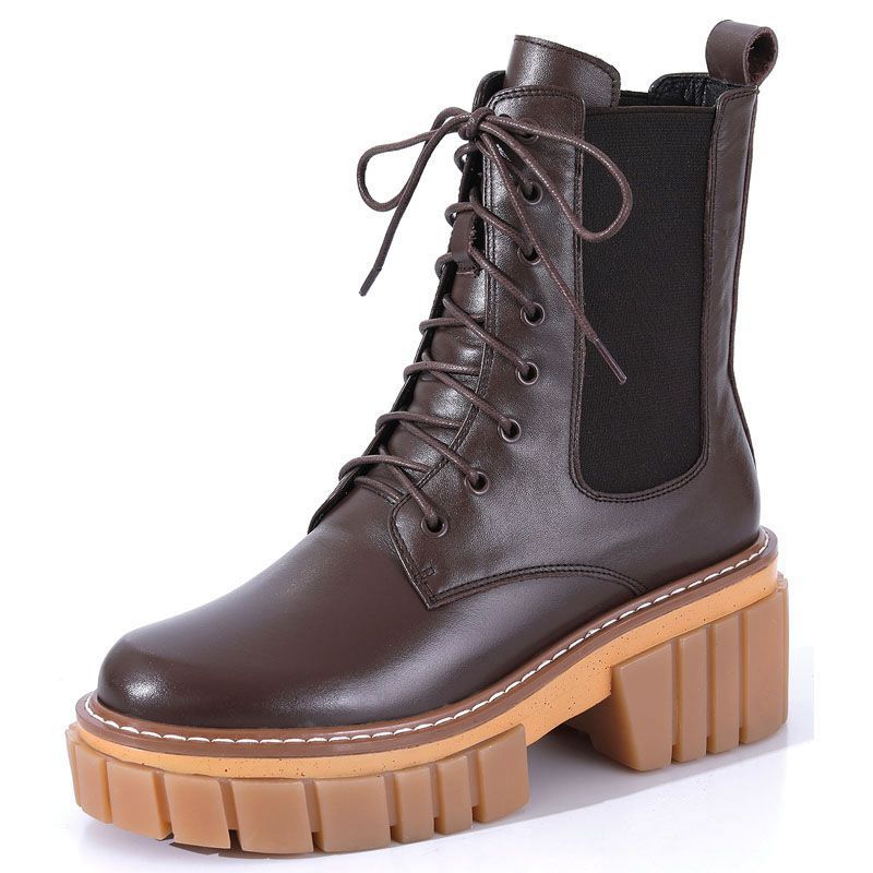 Round Toe High Heeled Leather Platform Retro Martin Ankle Boots