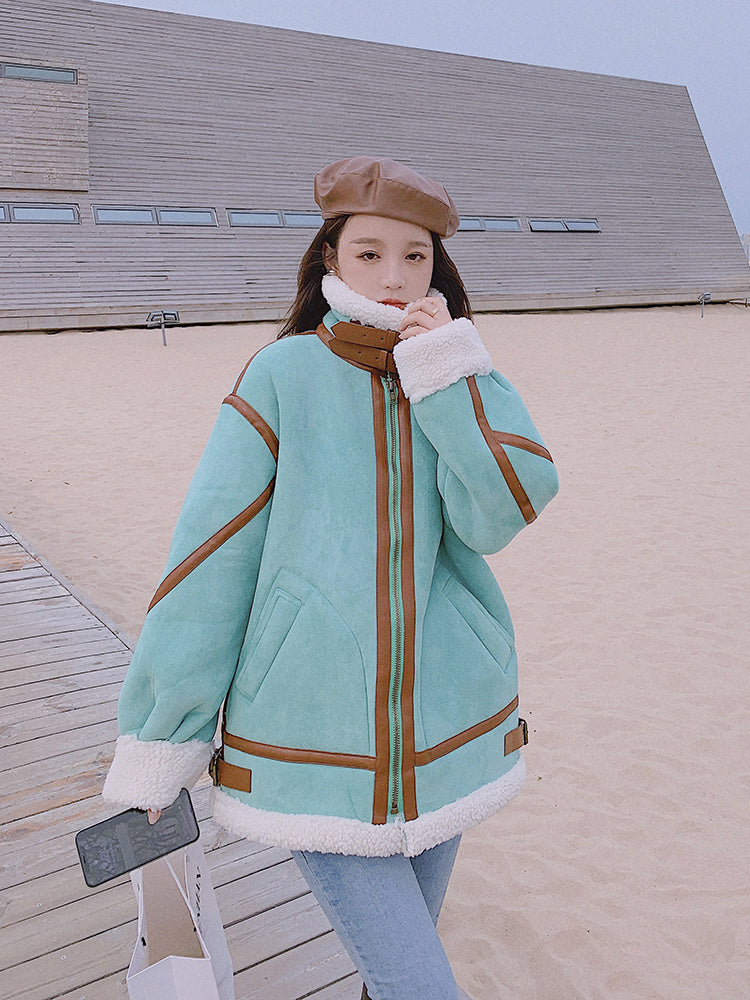 Women's Fashion Contrast Color Lamb Wool Coat