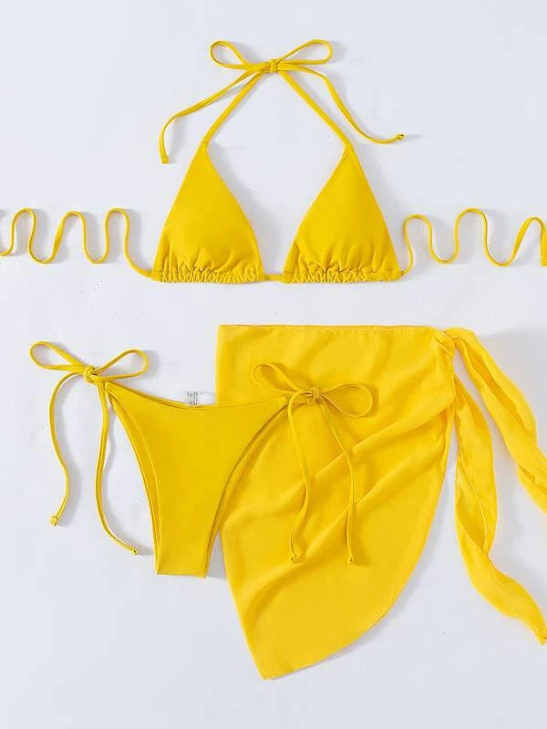 European And American Foreign Trade New Solid Color Triangle Cup Lace-up Bikini Three-piece Set