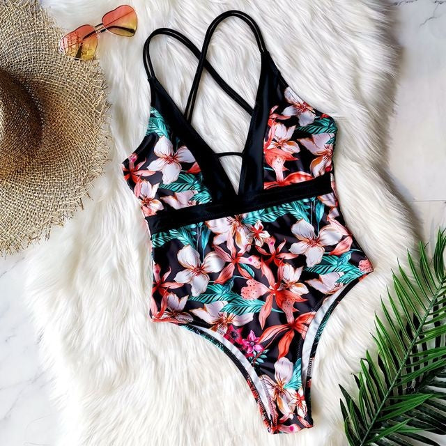 Printed backless one-piece swimsuit