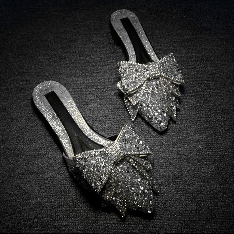 Fashion Women's Rhinestone Pointed Bow Half Slippers