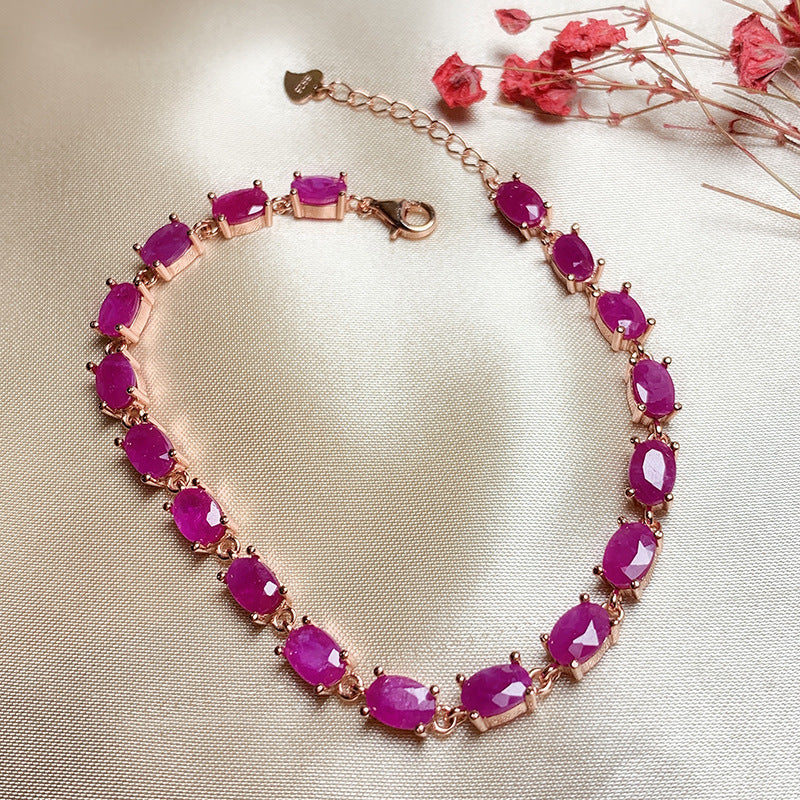 Women's Retro Natural 925 Silver Inlaid Ruby Bracelet
