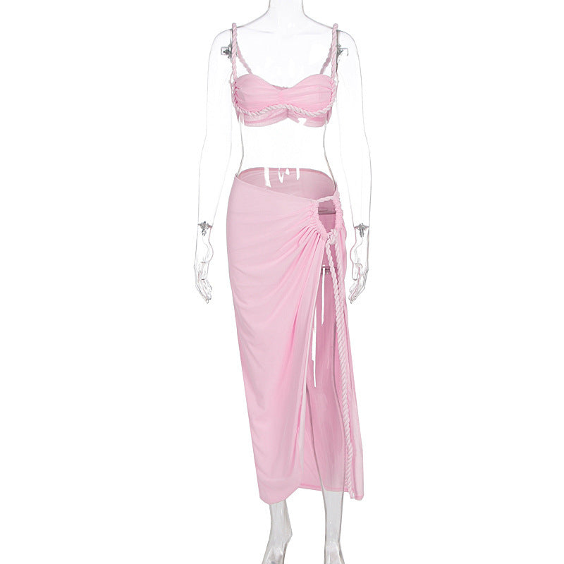 Sexy Fashion Beach Swimsuit Woven Halter Top Top Split Skirt Suit