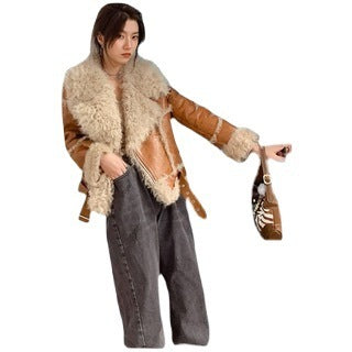 Women's Faux Leather Lamb Roll Fur Coat