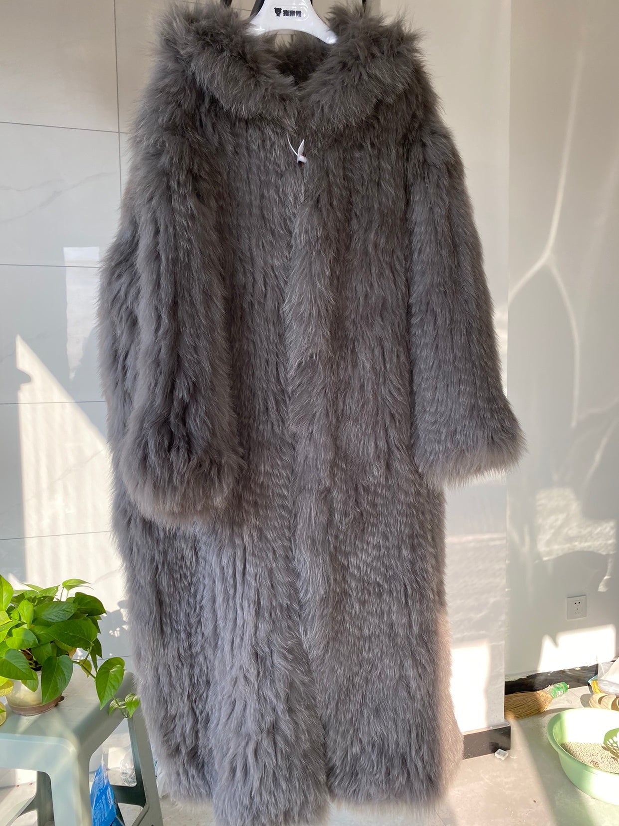 Gray Braided Fox Fur Hooded Loose Over The Knee Fur Coat