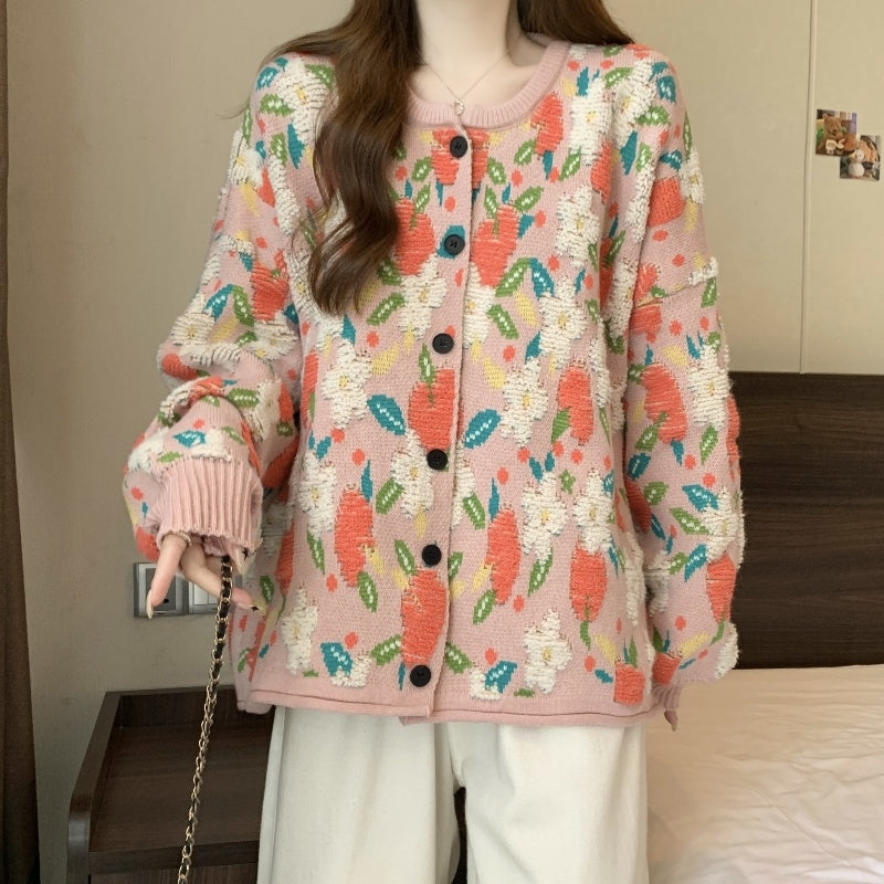 Popular Beautiful Sweater Coat Early Fat Sister Slimming Retro Floral Knitted Cardigan Top