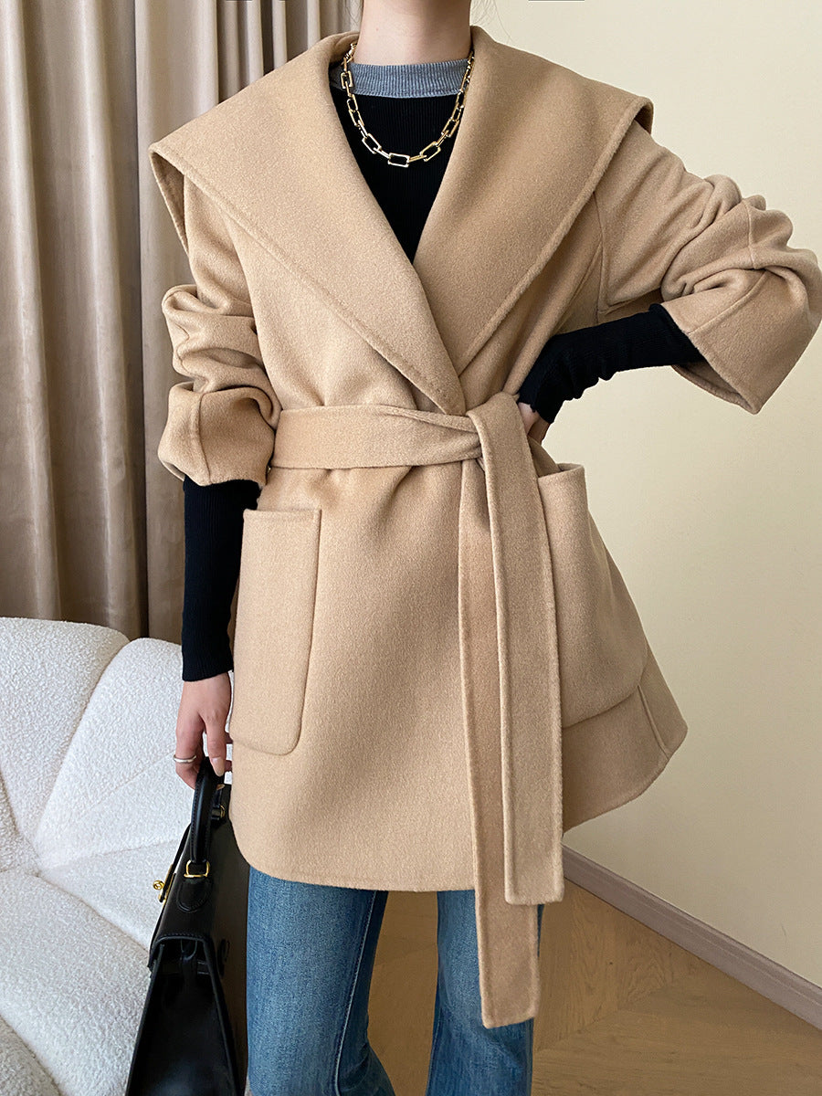 French Cape Style Full Hand Sewing Tribute Needle Small Hooded Wool Reversible Woolen Coat
