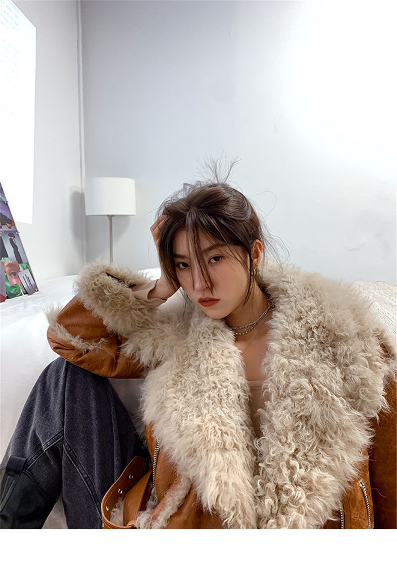 Women's Faux Leather Lamb Roll Fur Coat