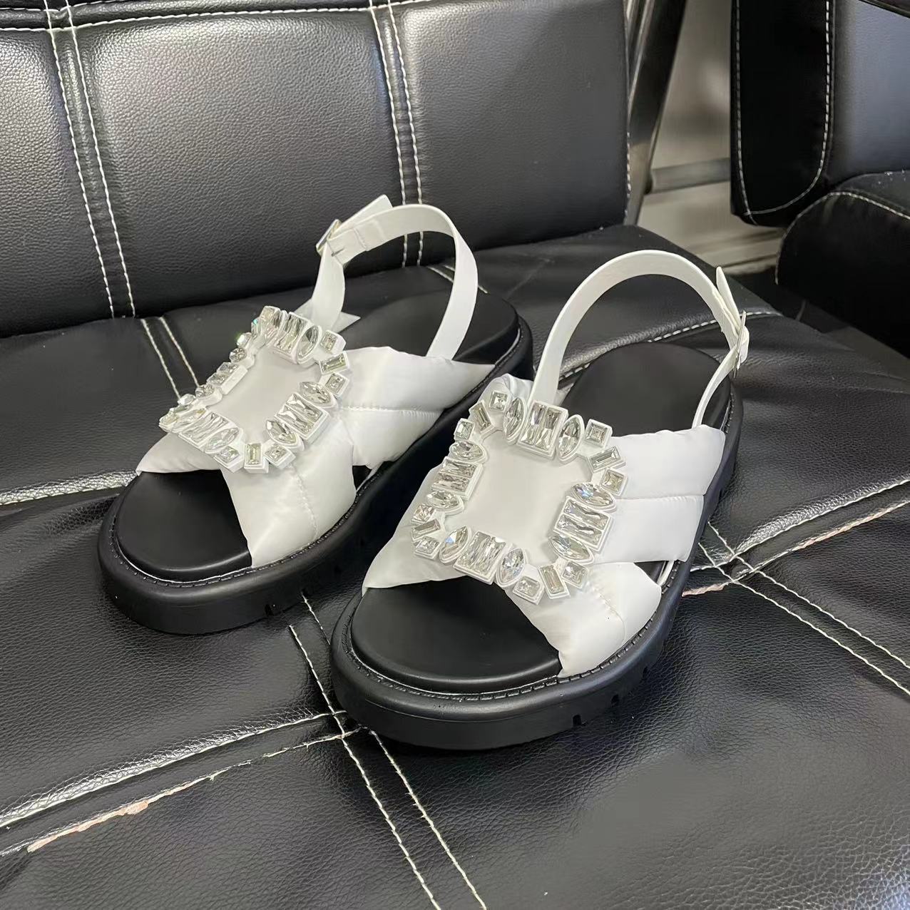 Women's Fashion Casual Rhinestone Square Buckle Flat Sandals