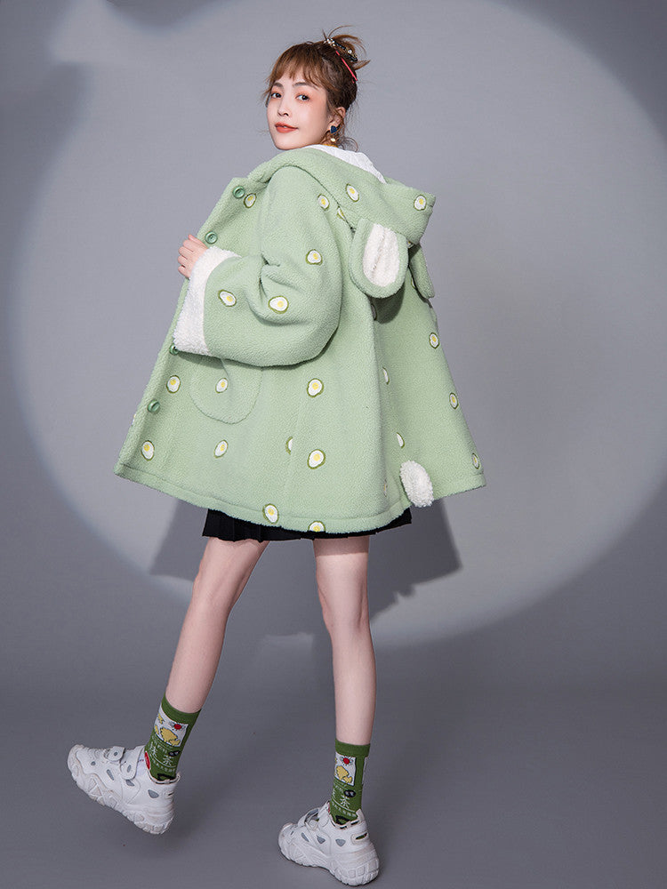 Printed cartoon hooded lamb wool coat