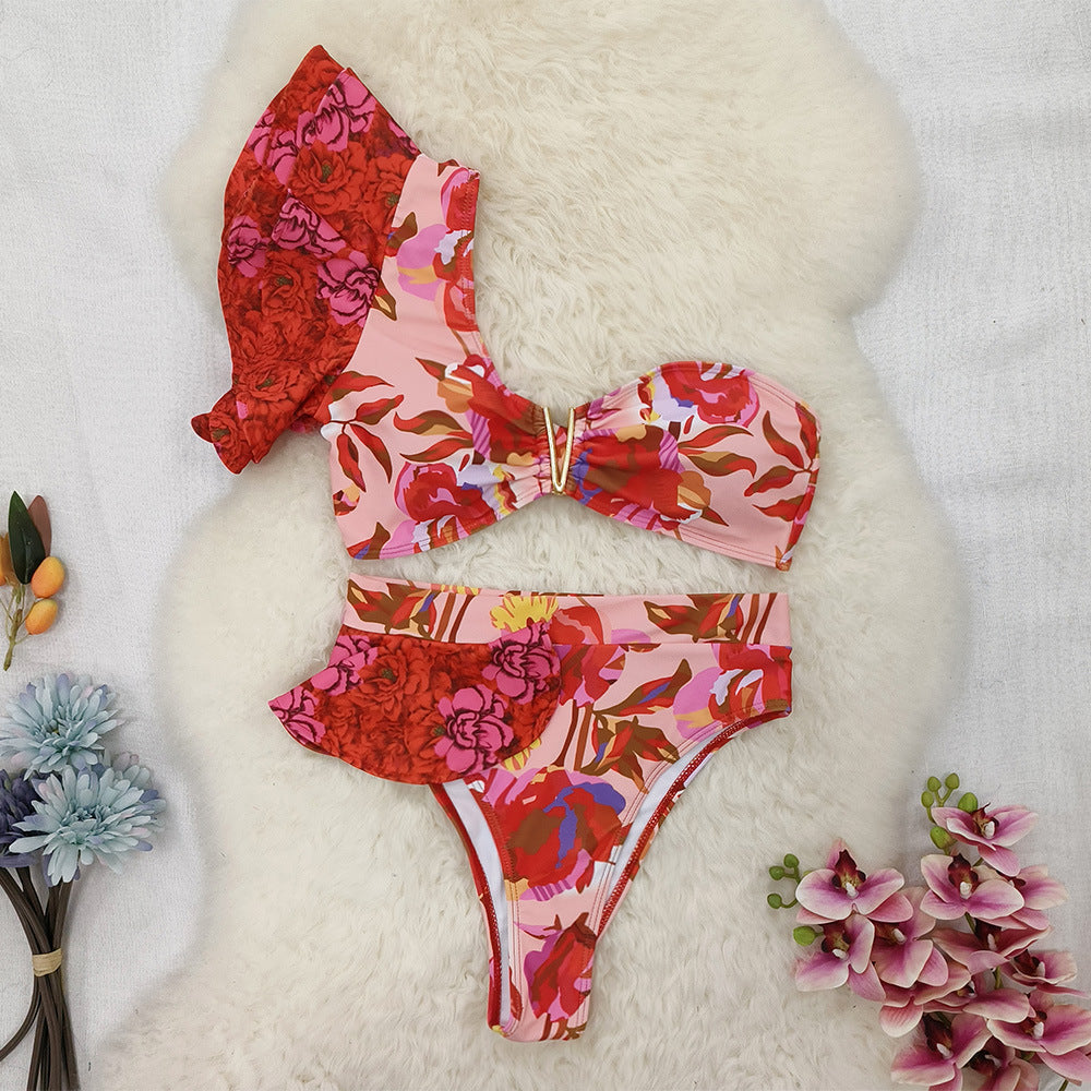 New One-shoulder Ruffled Printed Split Swimsuit Women's Bikini European And American High Waist